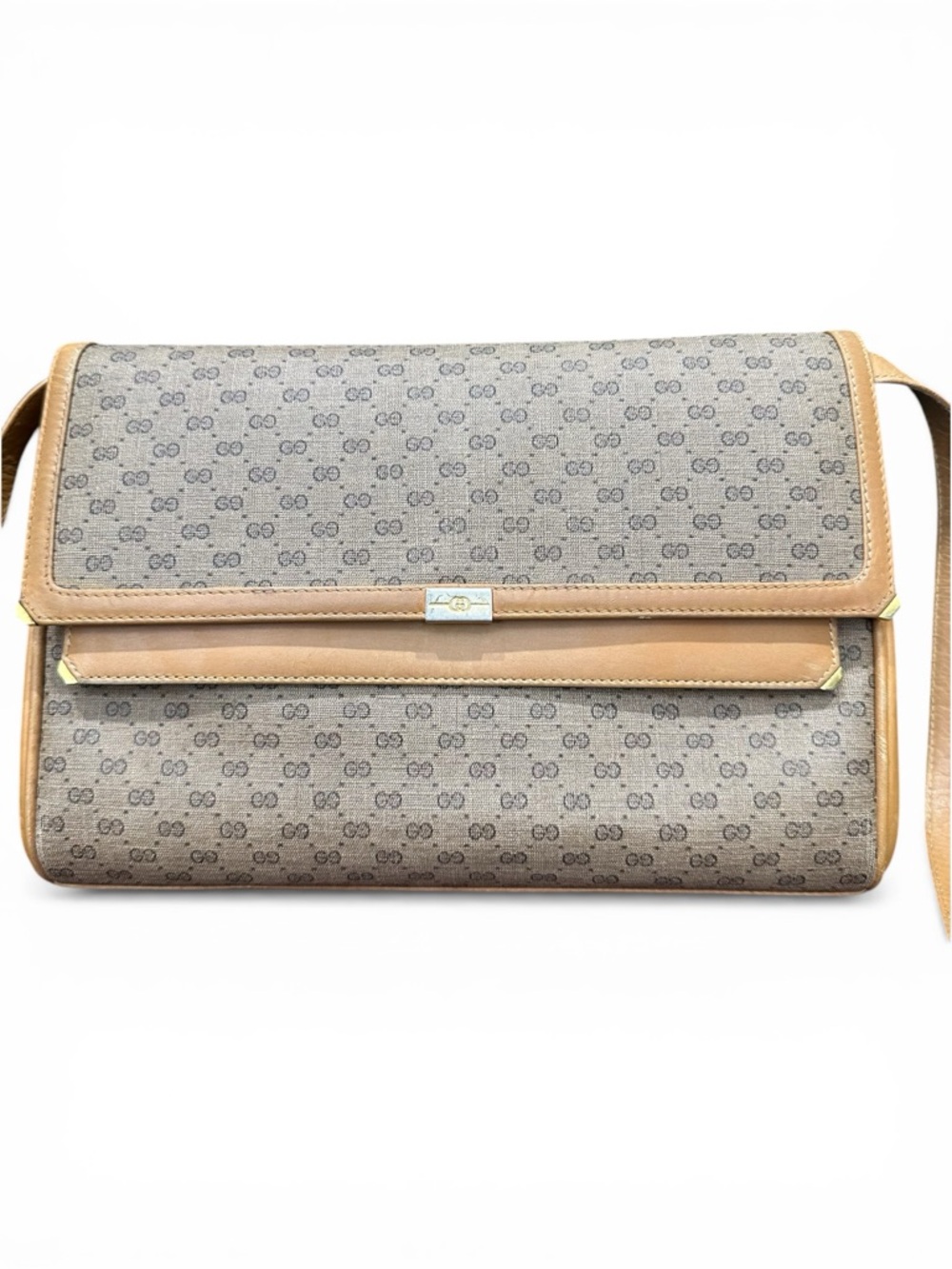 Vintage Gucci GG Canvas Crossbody Double Flap Bag Tan Leather Monogram 80s